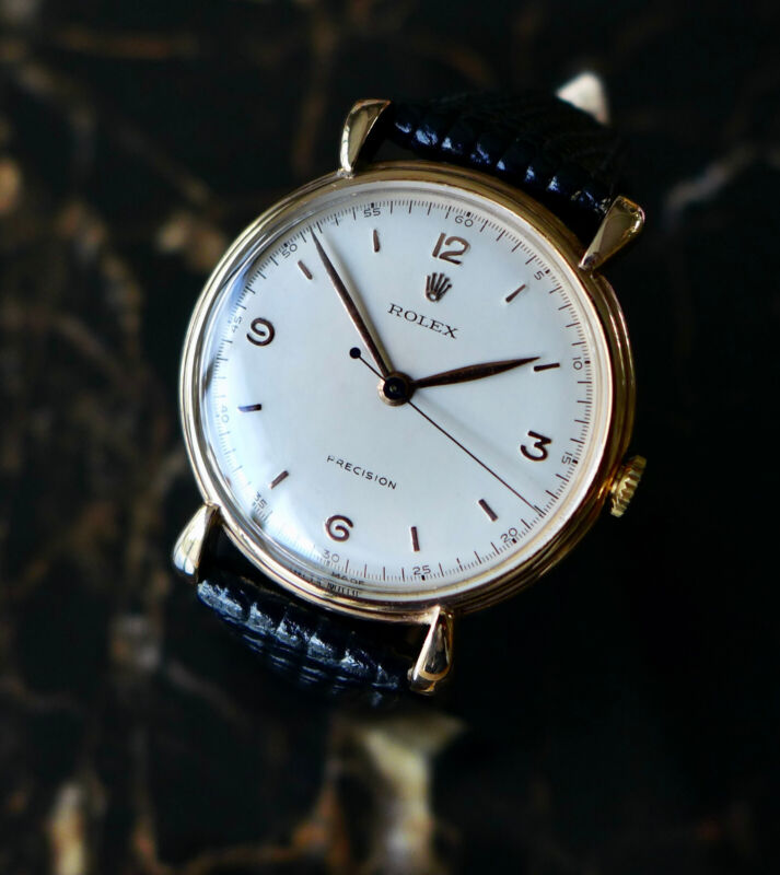 A BEAUTIFUL VINTAGE 1940s GENTS ROLEX PRECISION WITH TEARDROP LUGS 9K ROSE GOLD