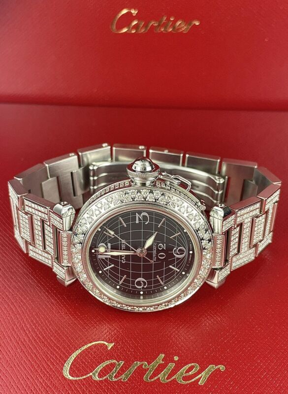 Cartier Pasha 35mm Ladies Auto Steel Watch Black Dial Iced 6ct Diamonds Ref 2550