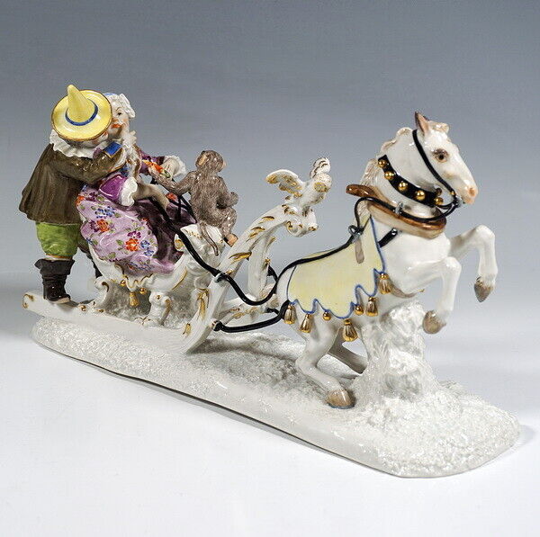 マイセン人形(MEISSEN)、そり遊び宮廷道化師フローリッヒとシュミーデル、1850年、1級品