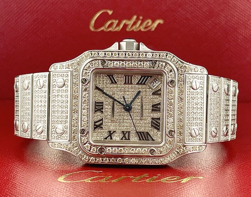 Cartier Ladies Santos Galbee 32mm Custom Iced 10ct Genuine Diamonds Ref 2823