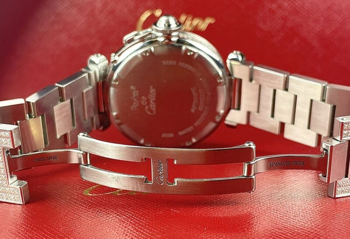 Cartier Pasha 35mm Ladies Auto Steel Watch Black Dial Iced 6ct Diamonds Ref 2550