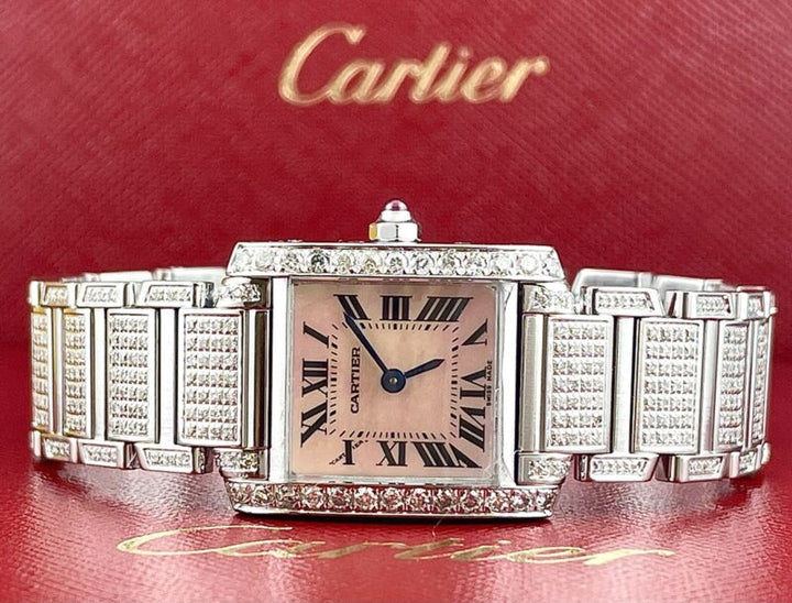 Cartier Tank Francaise Pink Pearl 20mm Custom Iced Out 3ct Genuine Diamonds 2384