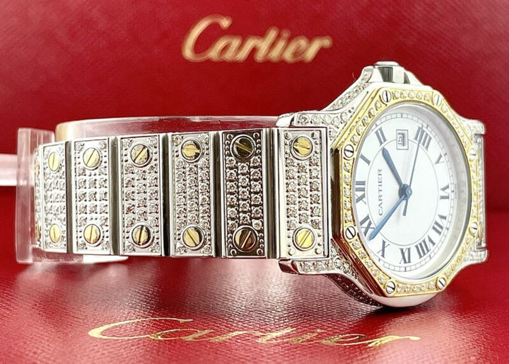 Cartier Santos Octagon 30mm 2-Tone Custom Iced Out 5ct Genuine Diamonds 187902