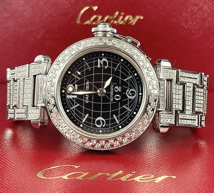 Cartier Pasha 35mm Ladies Auto Steel Watch Black Dial Iced 6ct Diamonds Ref 2550