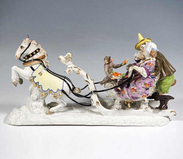 マイセン人形(MEISSEN)、そり遊び宮廷道化師フローリッヒとシュミーデル、1850年、1級品