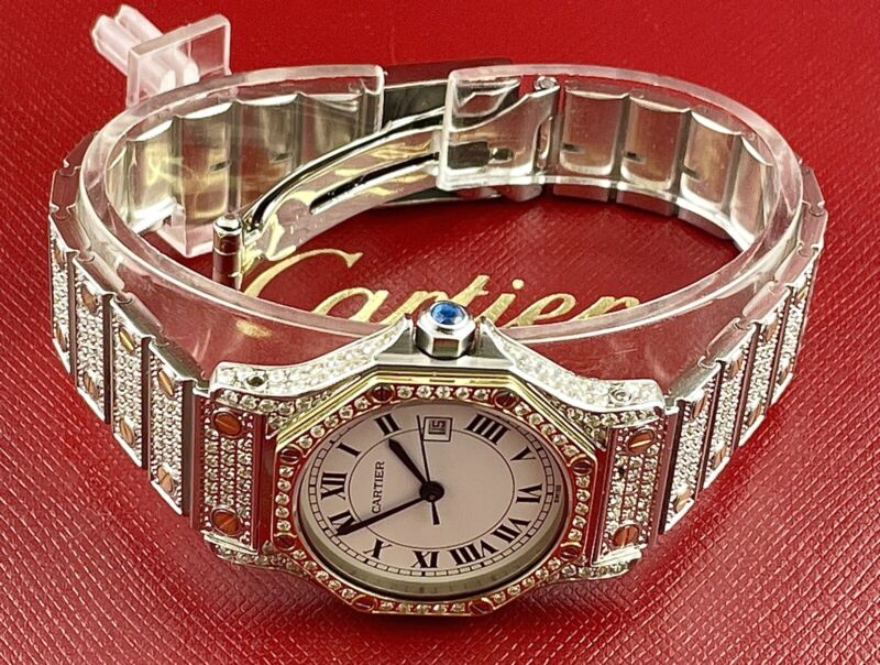 Cartier Santos Octagon 30mm 2-Tone Custom Iced Out 5ct Genuine Diamonds 187902