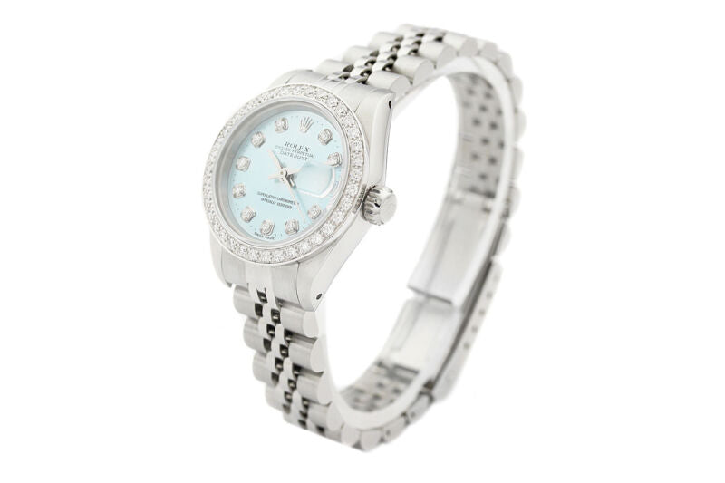 Rolex Ladies Datejust 69174 18K White Gold & Steel Ice Blue Dial Diamond Watch