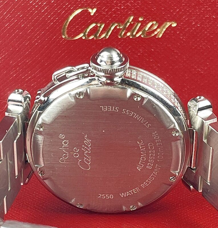 Cartier Pasha 35mm Ladies Auto Steel Watch Black Dial Iced 6ct Diamonds Ref 2550