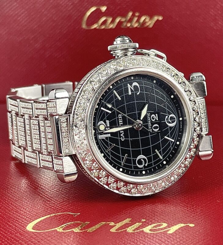 Cartier Pasha 35mm Ladies Auto Steel Watch Black Dial Iced 6ct Diamonds Ref 2550