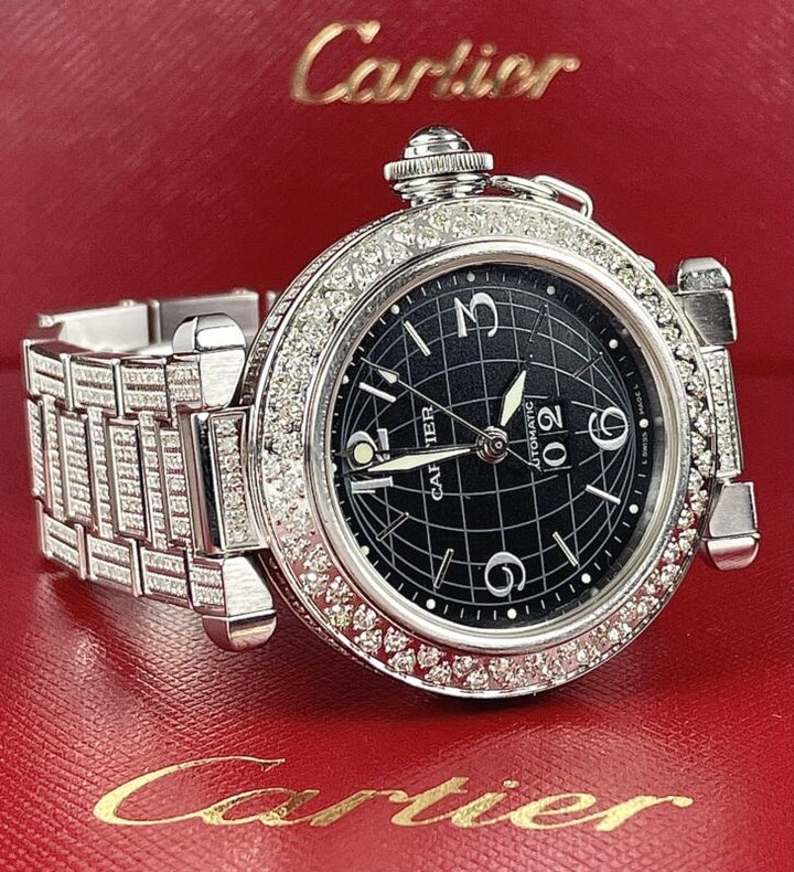 Cartier Pasha 35mm Ladies Auto Steel Watch Black Dial Iced 6ct Diamonds Ref 2550