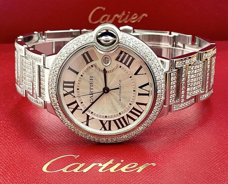 Cartier Ballon Bleu Watch 42mm Iced Out 10ct Diamonds Steel Auto W69012Z4