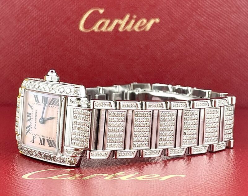 Cartier Tank Francaise Pink Pearl 20mm Custom Iced Out 3ct Genuine Diamonds 2384