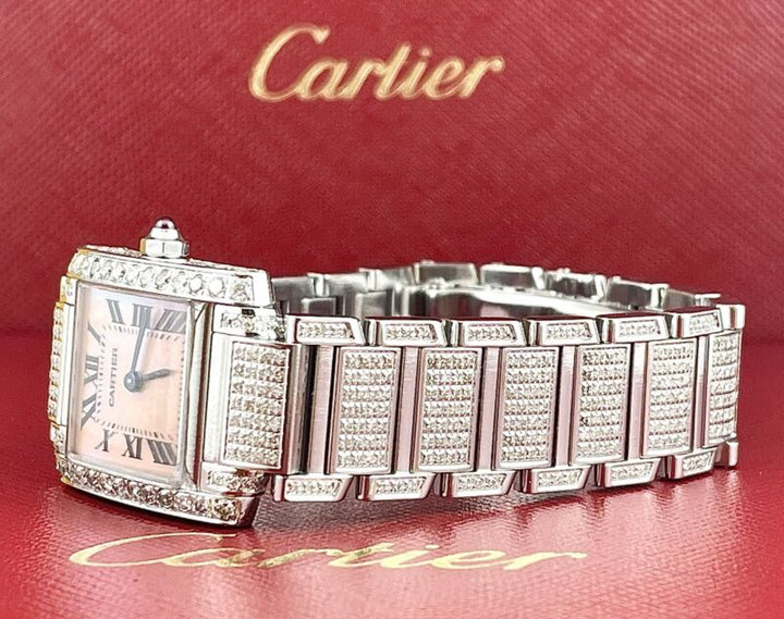 Cartier Tank Francaise Pink Pearl 20mm Custom Iced Out 3ct Genuine Diamonds 2384