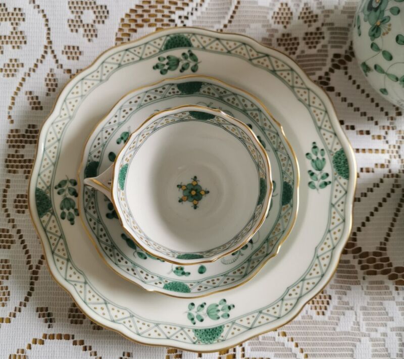 マイセン モカサービス 2人用 インドの花　グリーンリッチウィズゴールドエッジ 一級品