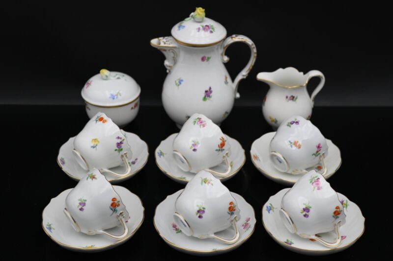 Meissen, mocha service, decor scattered flowers with gold, 15 pieces (220205)-