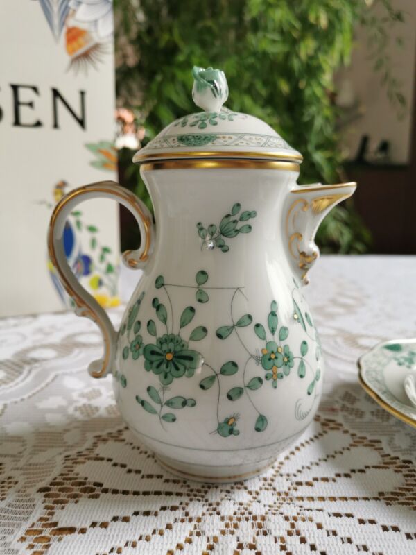 マイセン モカサービス 2人用 インドの花　グリーンリッチウィズゴールドエッジ 一級品