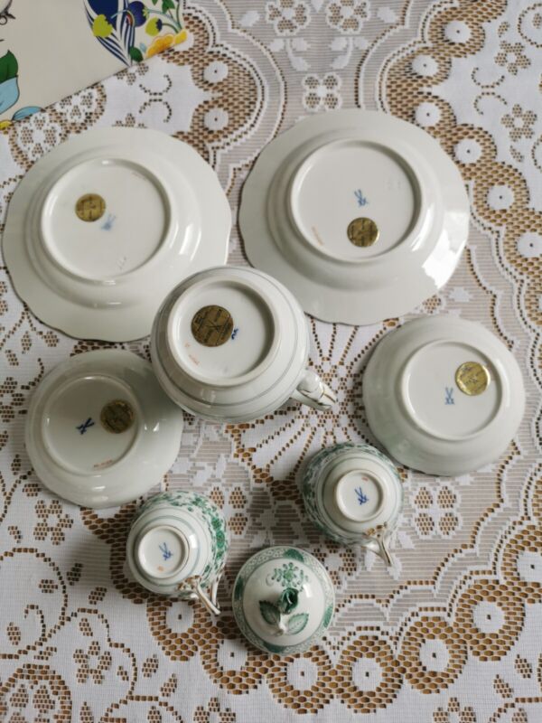 マイセン モカサービス 2人用 インドの花　グリーンリッチウィズゴールドエッジ 一級品